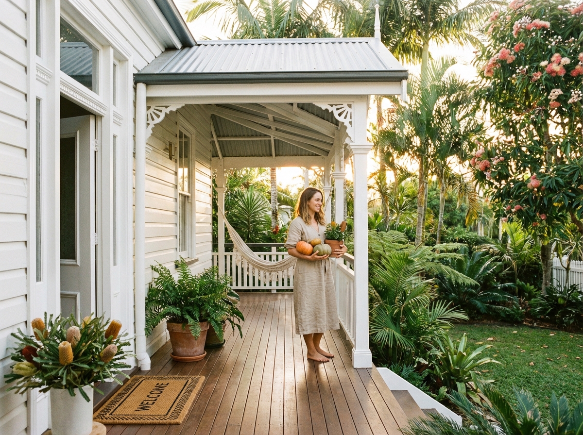 Woman arranging decorations on an Australian Queenslander verandah