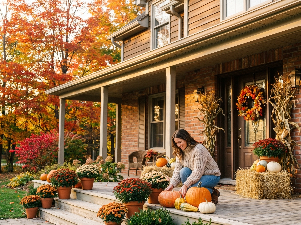Woman arranging fall porch decorations on a Canadian home