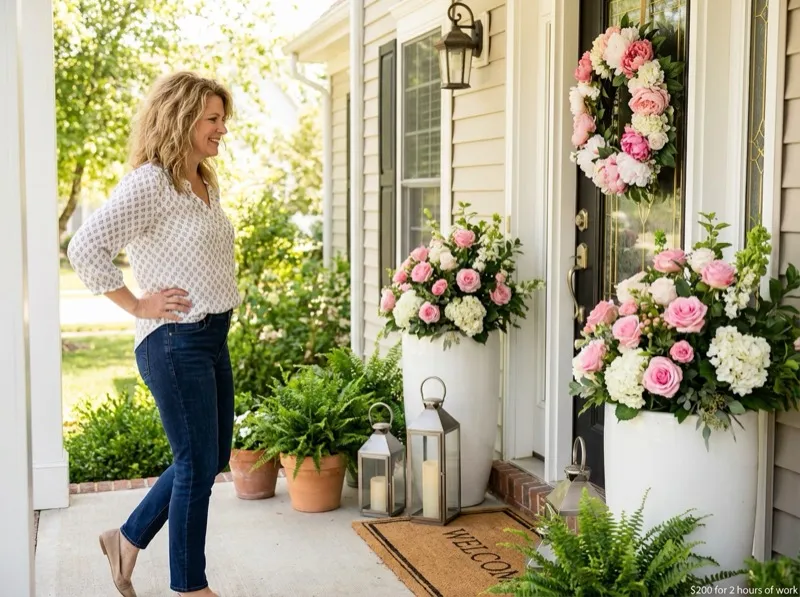 Woman admiring her beautifully decorated porch