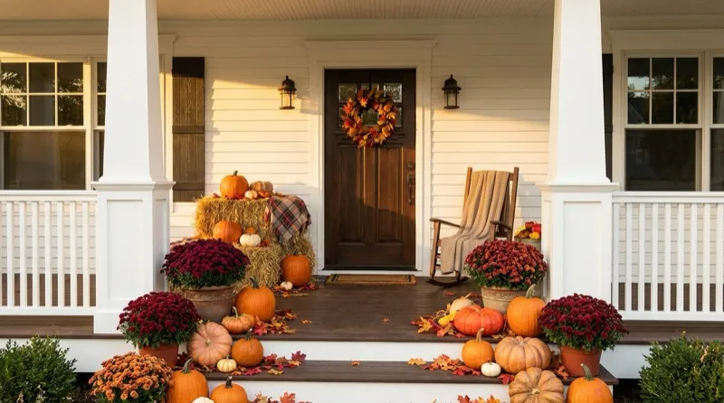 Beautiful fall porch decorated with pumpkins, mums, and seasonal decor