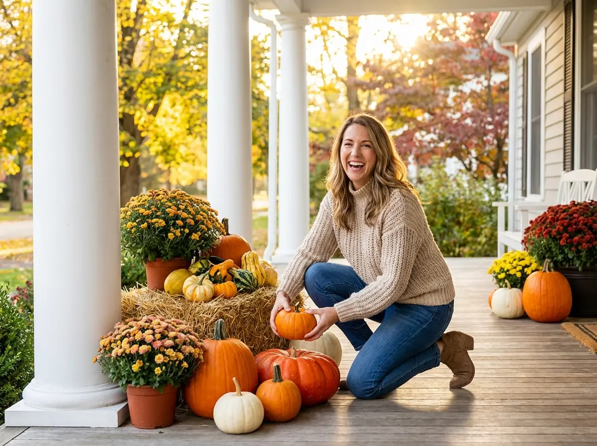 Woman arranging fall porch decorations