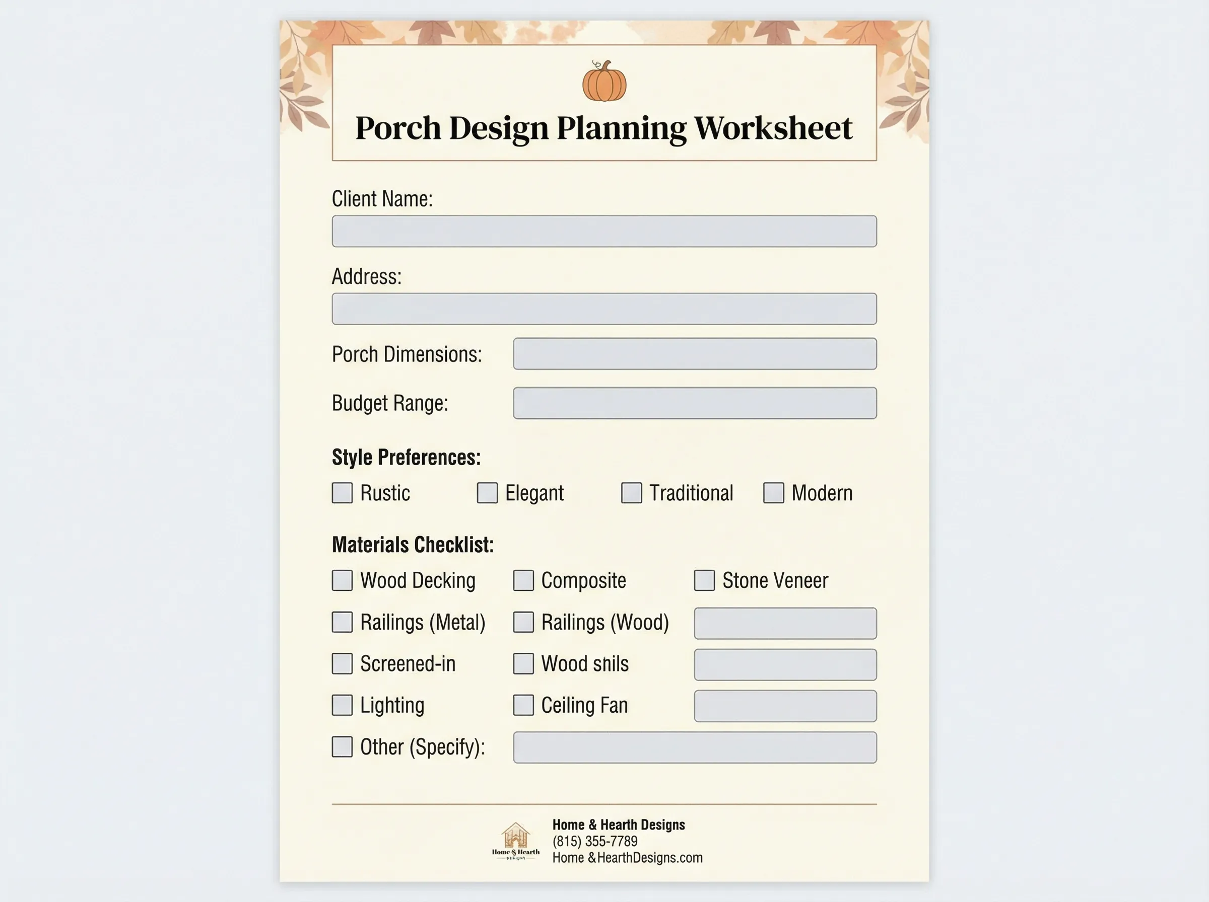 Porch Design Planning Worksheet