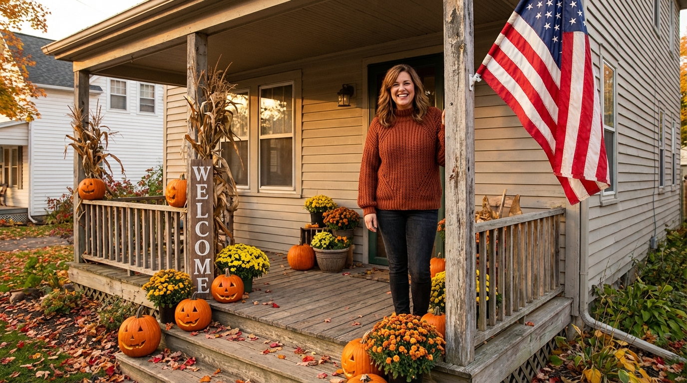 American woman on decorated fall porch with American flag