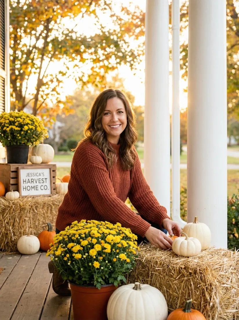 Jessica Thompson arranging pumpkins on a fall porch