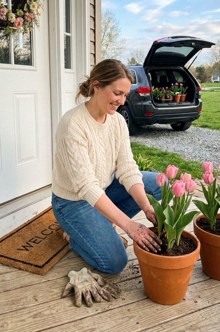 Jessica Thompson arranging spring flowers on a porch