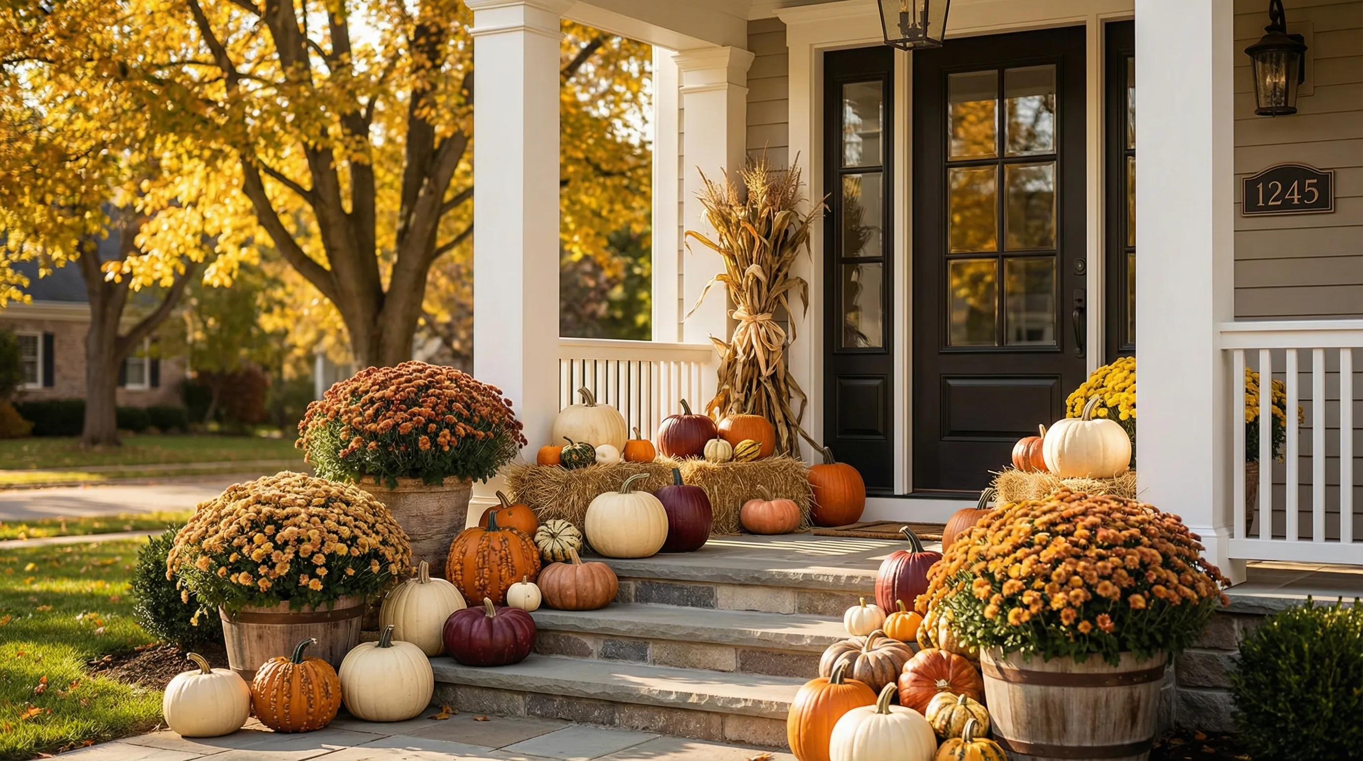 Stunning fall porch display with pumpkins and mums