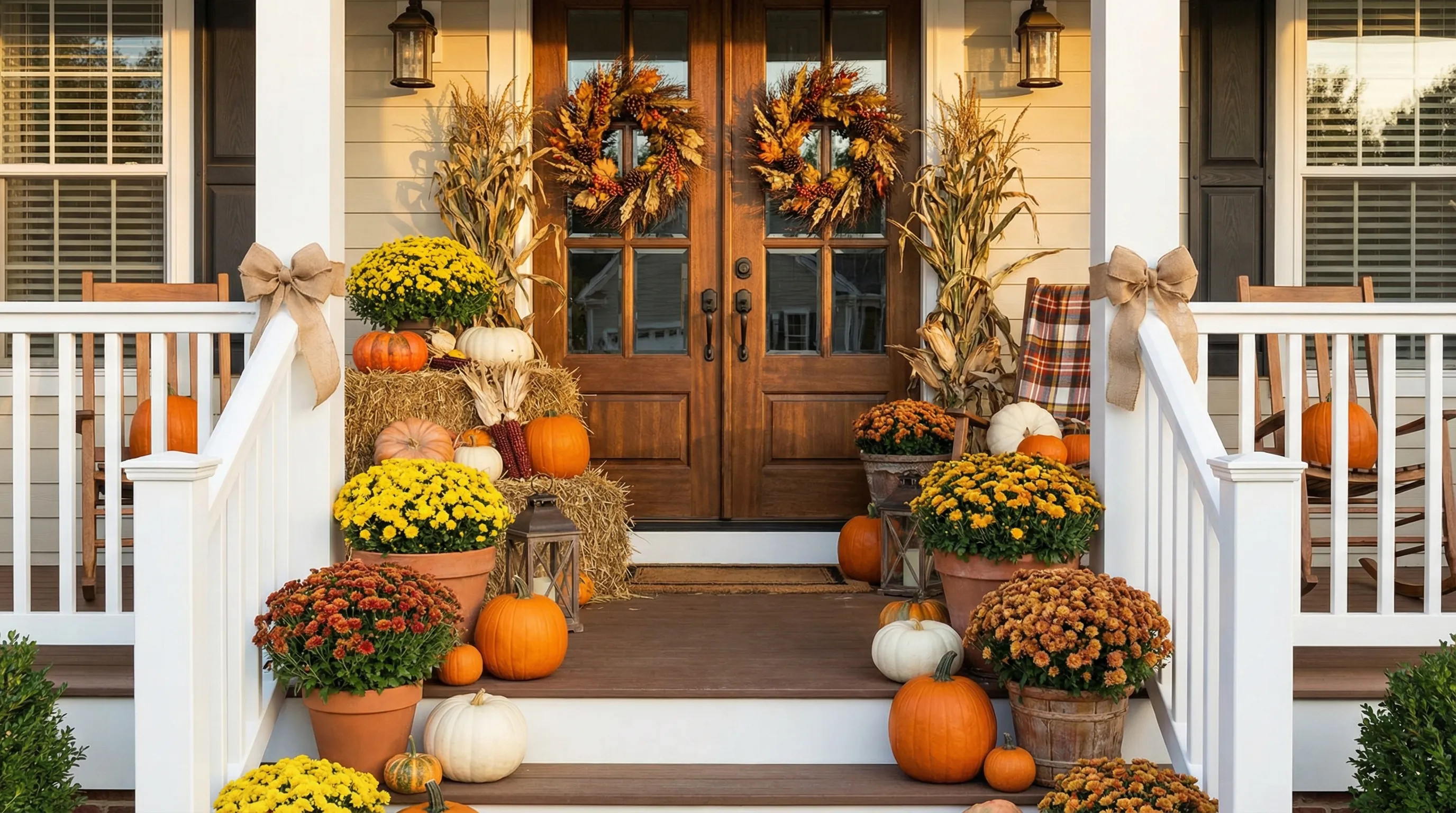 Beautiful fall porch display with pumpkins and mums