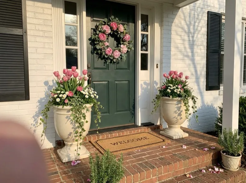Beautiful spring porch decorated with flowers and seasonal arrangements