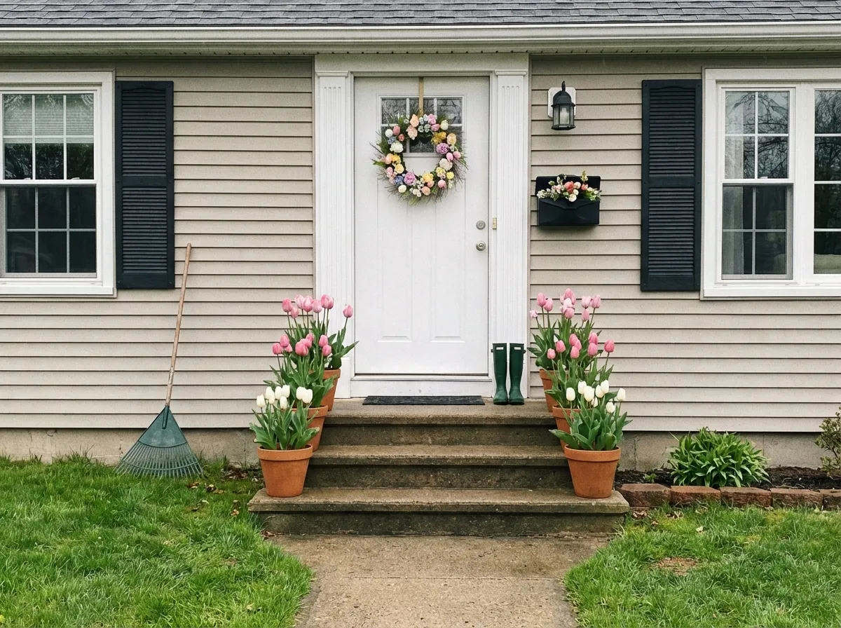 Beautifully decorated spring porch with flowers and seasonal decor