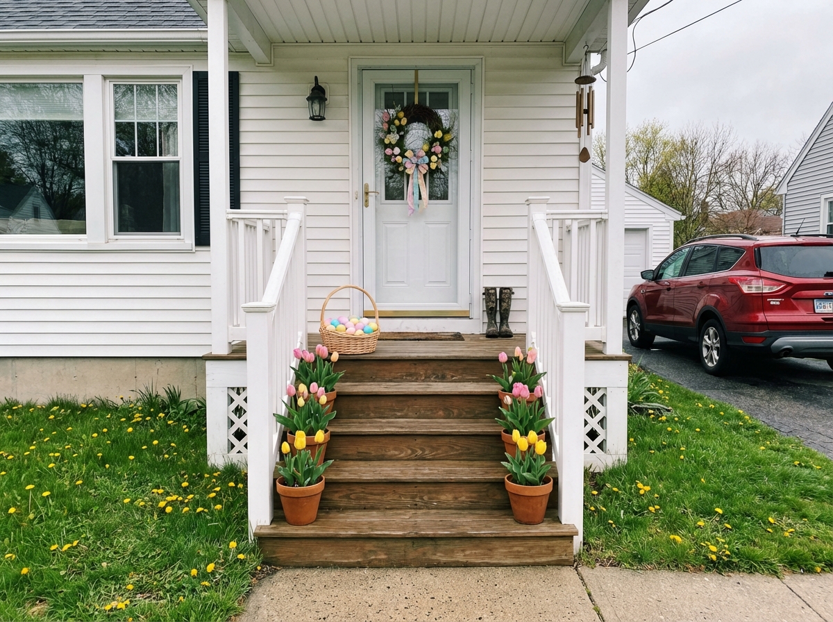 Beautiful spring porch decorated for Easter with tulips and pastels
