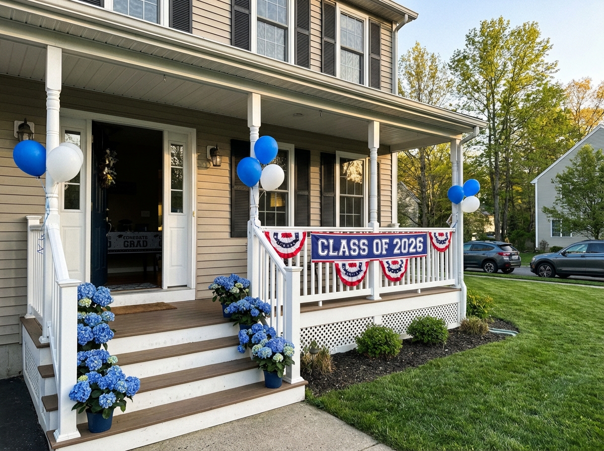 Professional spring flower arrangement on front porch