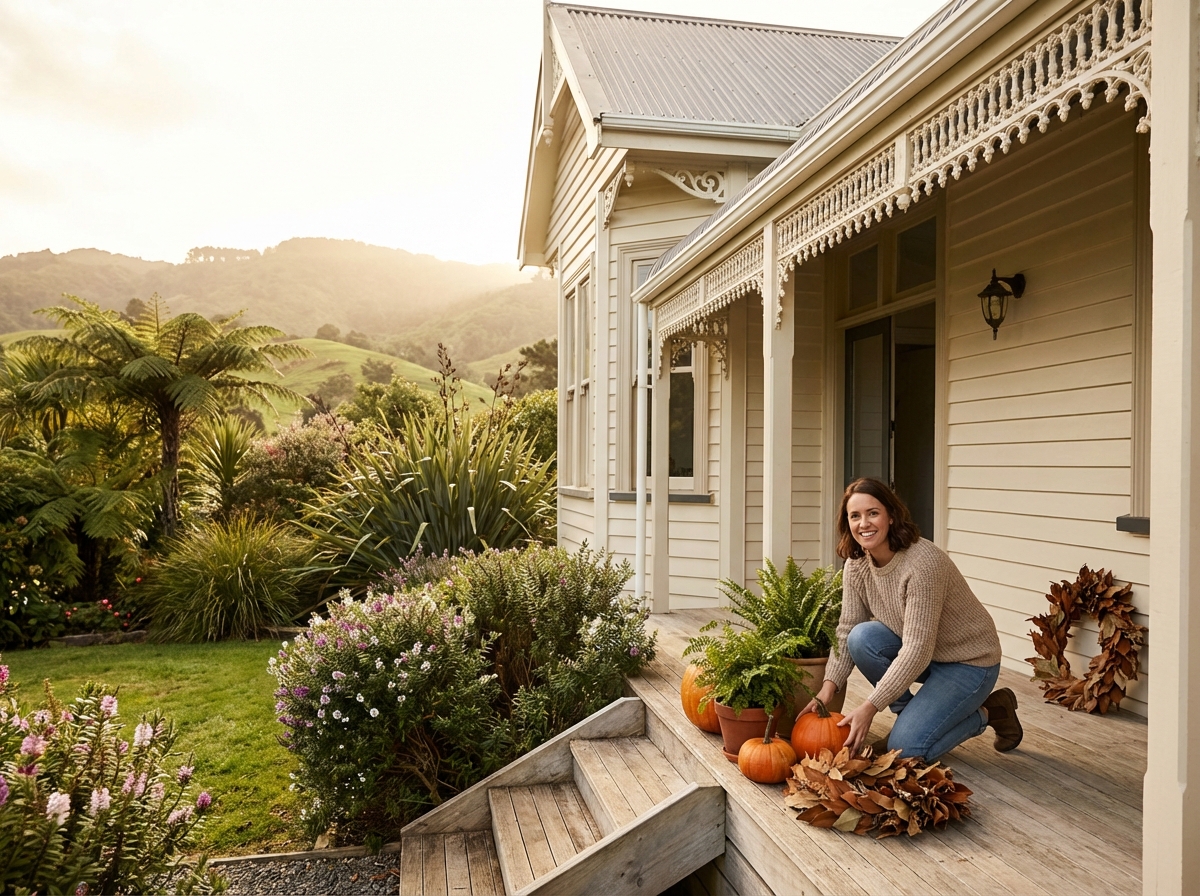 Woman arranging decorations on a New Zealand villa verandah