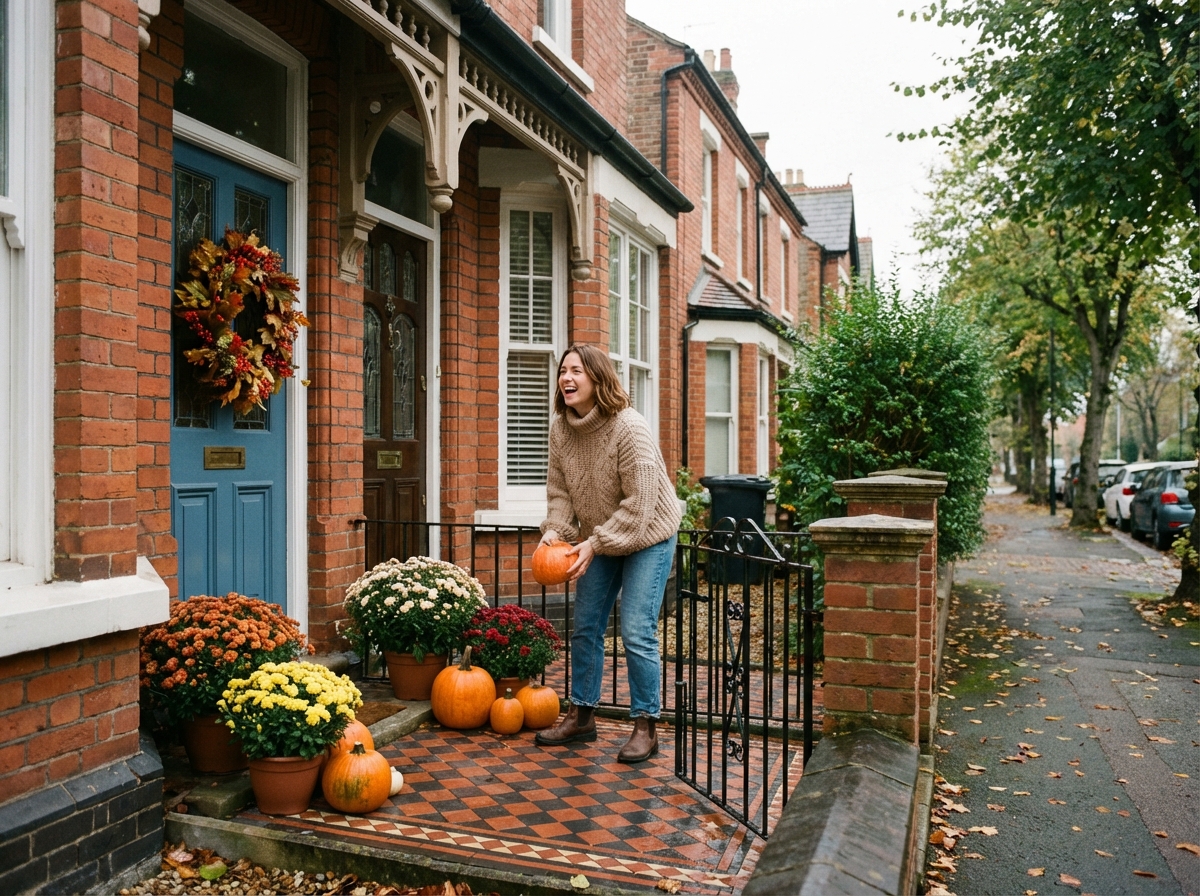 Woman arranging autumn decorations on a British terraced house